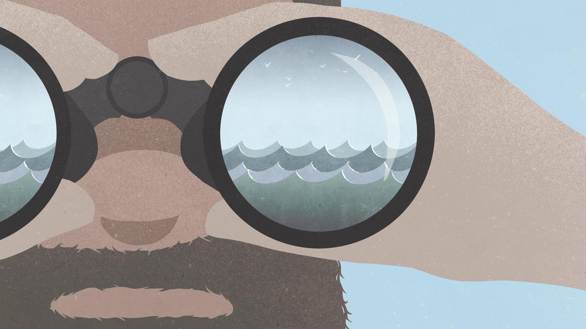 Ein Mann blickt durch ein Fernglas auf die Wellen des offenen Meeres. Ein Mann blickt durch ein Fernglas auf die Wellen des offenen Meeres.