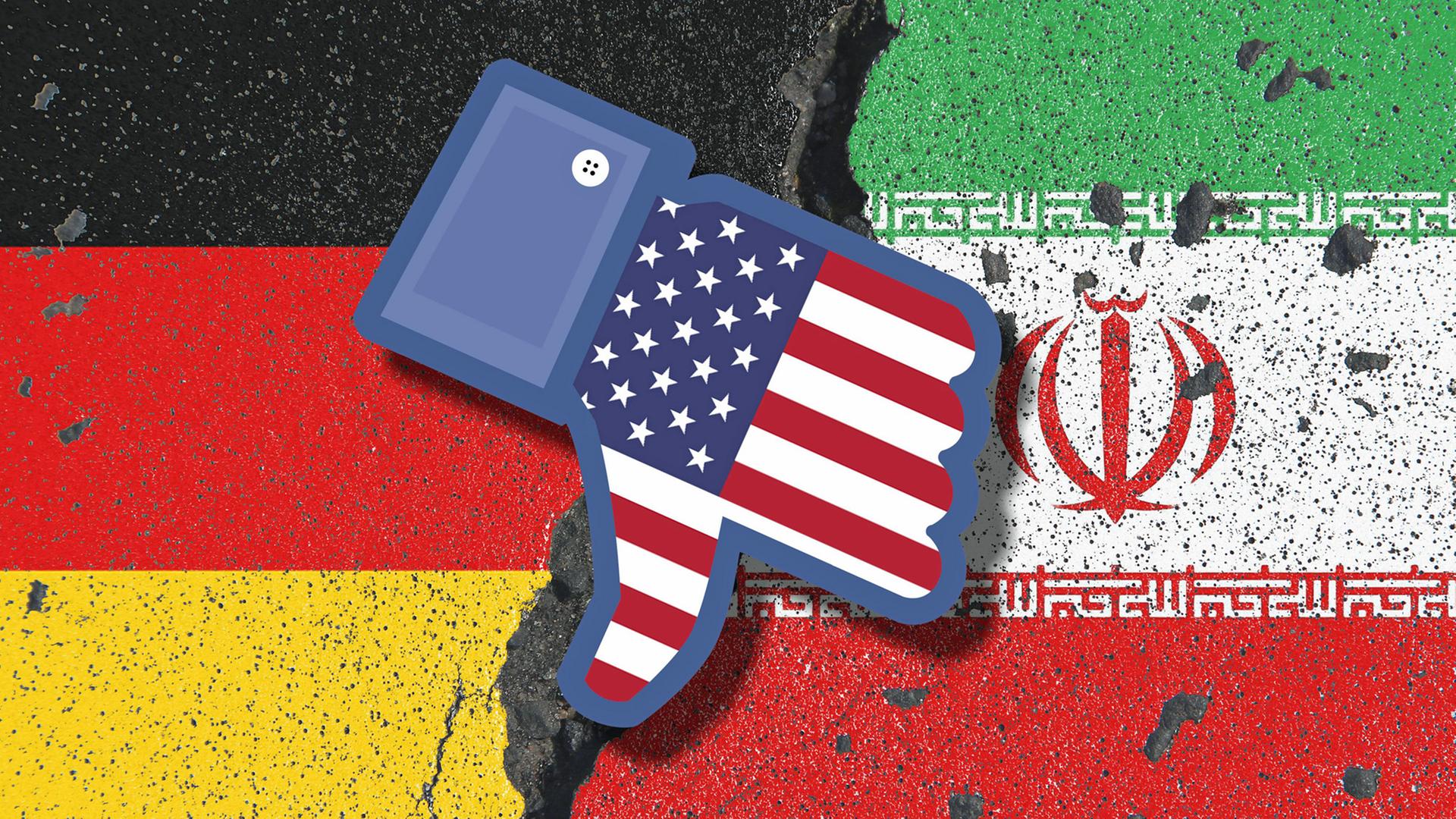 Ein Symbolbild zeigt erodierende Flaggen Irans und Deutschlands mit abwärts gerichtetem Dislike-Daumen mit einer Flagge der USA. Ein Symbolbild zeigt erodierende Flaggen Irans und Deutschlands mit abwärts gerichtetem Dislike-Daumen mit einer Flagge der USA.