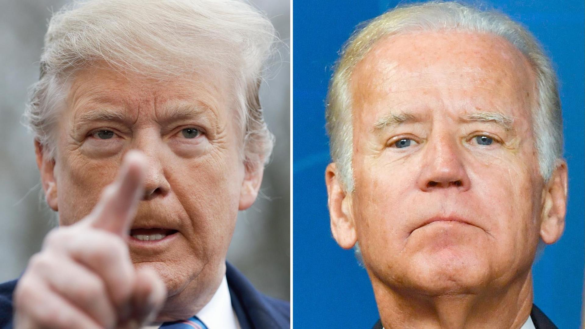 Trump zeigt mit dem Zeigefinger nach vorne und sagt etwas mit entschlossenem Blick; Biden zieht mit ernstem Gesicht seine Krawatte fest. Trump zeigt mit dem Zeigefinger nach vorne und sagt etwas mit entschlossenem Blick; Biden zieht mit ernstem Gesicht seine Krawatte fest.