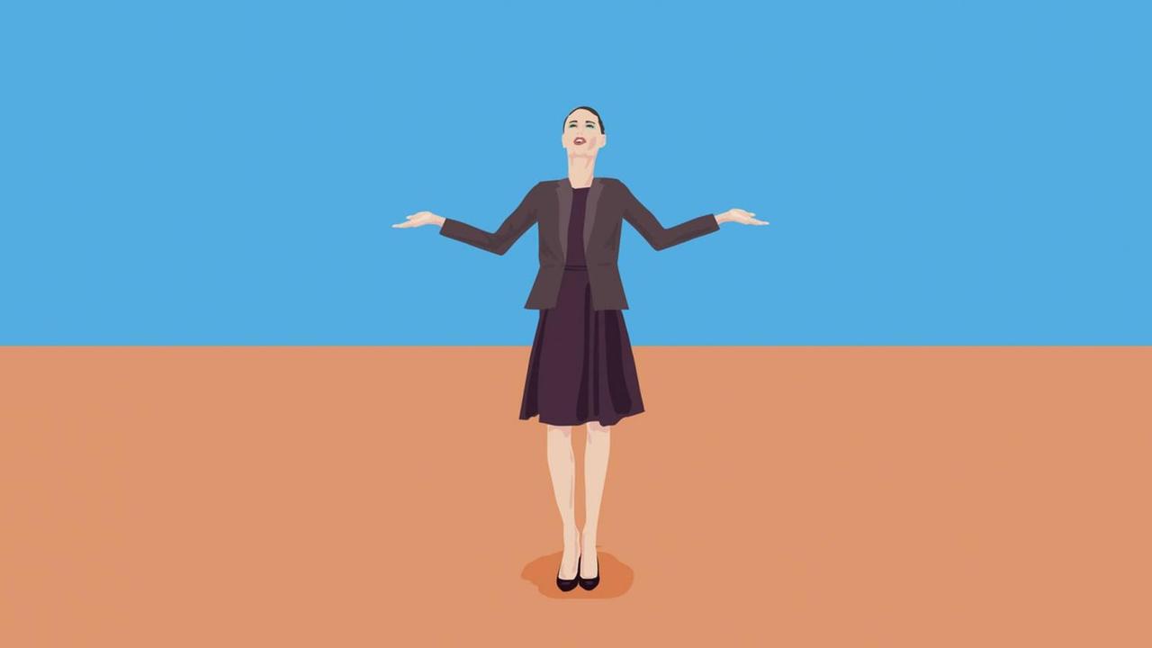 Eine Illustration zeigt eine Frau, die mit ausgestreckten Armen auf einer orange farbigen Fläche steht und in den Himmel blickt. Eine Illustration zeigt eine Frau, die mit ausgestreckten Armen auf einer orange farbigen Fläche steht und in den Himmel blickt.