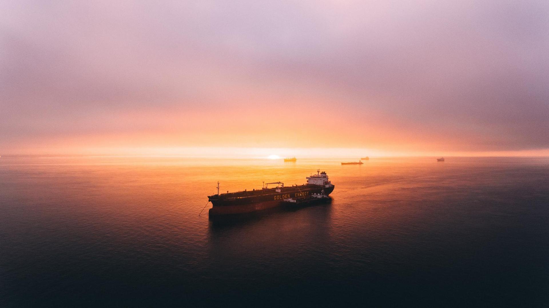 Der Frachter "Golden Energy" fährt im goldenen Morgenlicht durch den Hafen von San Francisco. Der Frachter "Golden Energy" fährt im goldenen Morgenlicht durch den Hafen von San Francisco.