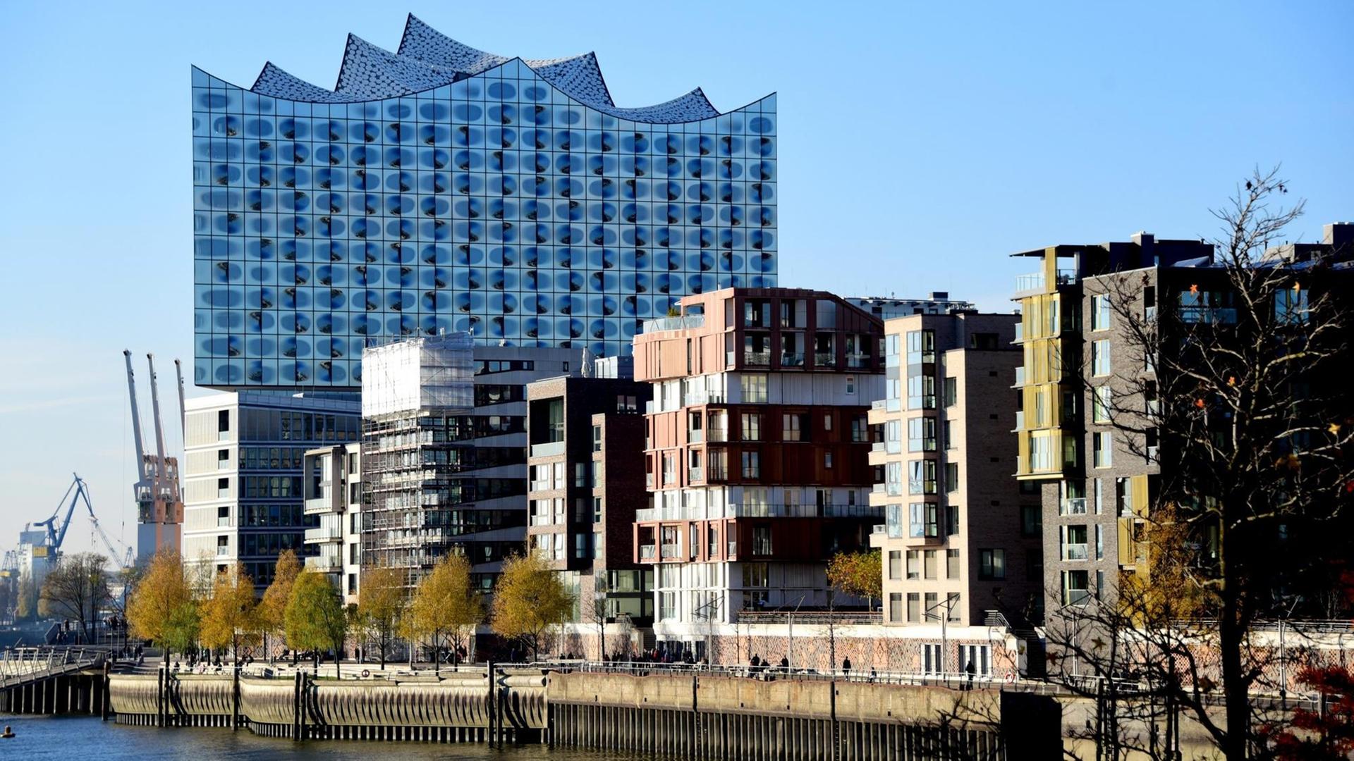 Mehrere Neubauten stehen am Grasbrookhafen vor der Elbphilharmonie in Hamburg.