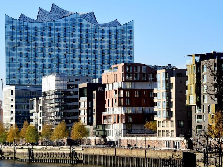 Mehrere Neubauten stehen am Grasbrookhafen vor der Elbphilharmonie in Hamburg.