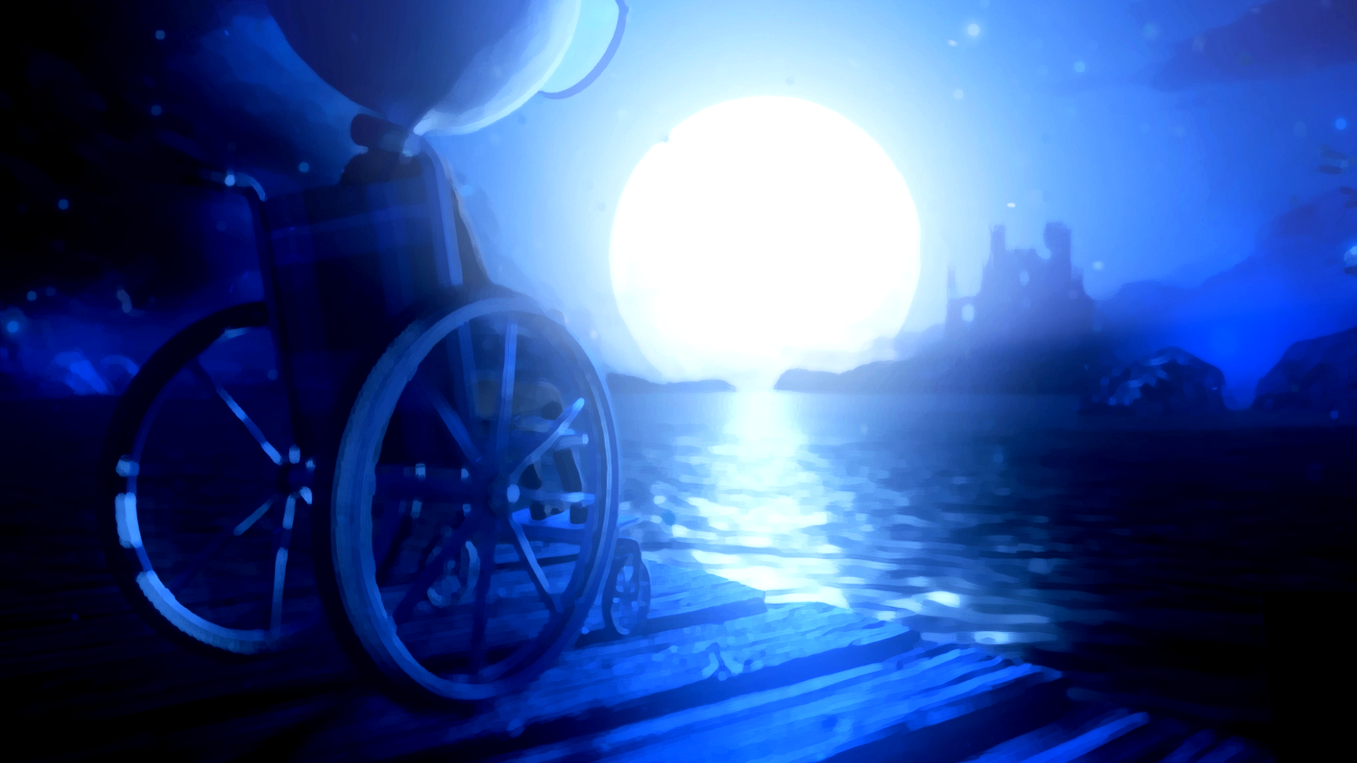 Der Protagonist von "Last Day of June" sitzt im Rollstuhl bei Vollmond auf einem Bootssteg (Bild: 505 Games / Ovosinoco)