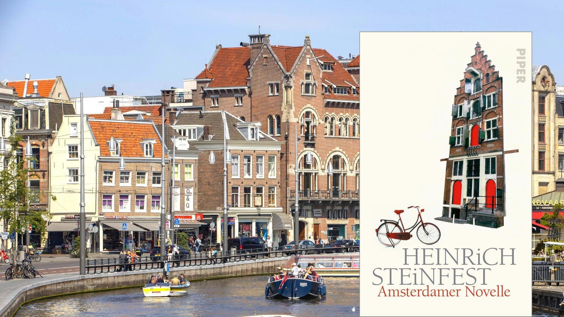 Heinrich Steinfest: „Amsterdamer Novelle“, im Hintergrund ein Ausschnitt der Altstadt von Amsterdam