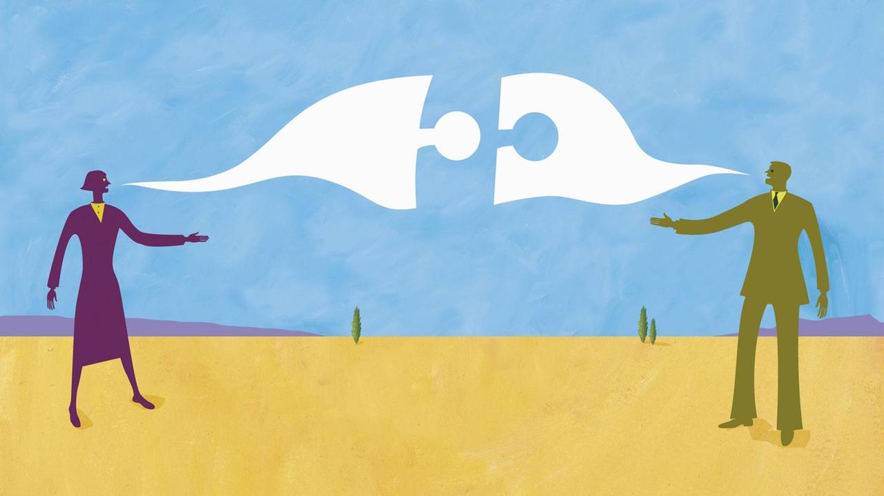 Eine Illustration zeigt eine Frau und einen Mann. Zwischen Ihnen fliegt eine Sprechblase, die sich wie ein Puzzle zusammensetzt. Eine Illustration zeigt eine Frau und einen Mann. Zwischen Ihnen fliegt eine Sprechblase, die sich wie ein Puzzle zusammensetzt.