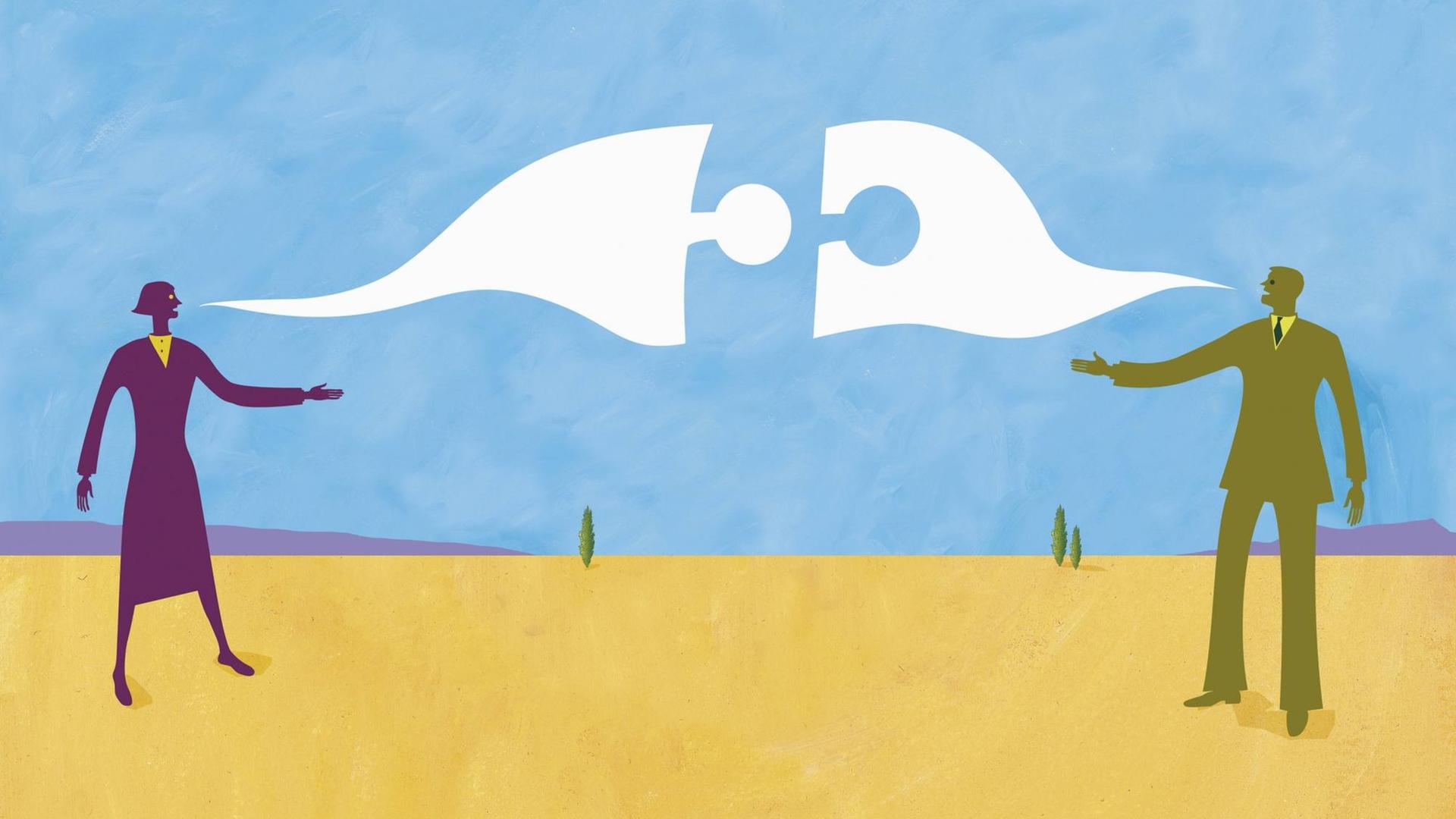 Eine Illustration zeigt eine Frau und einen Mann. Zwischen Ihnen fliegt eine Sprechblase, die sich wie ein Puzzle zusammensetzt. Eine Illustration zeigt eine Frau und einen Mann. Zwischen Ihnen fliegt eine Sprechblase, die sich wie ein Puzzle zusammensetzt.