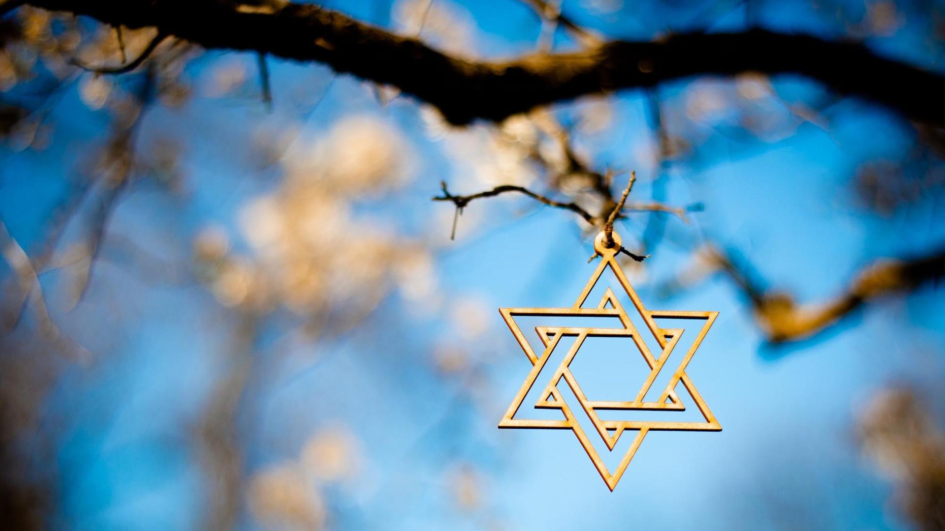 Ein Davidstern aus Metall gearbeitet hängt an einem Ast eines Obstbaumes, der im Hintergrund Ansätze von Blüte zeigt. Ein Davidstern aus Metall gearbeitet hängt an einem Ast eines Obstbaumes, der im Hintergrund Ansätze von Blüte zeigt.