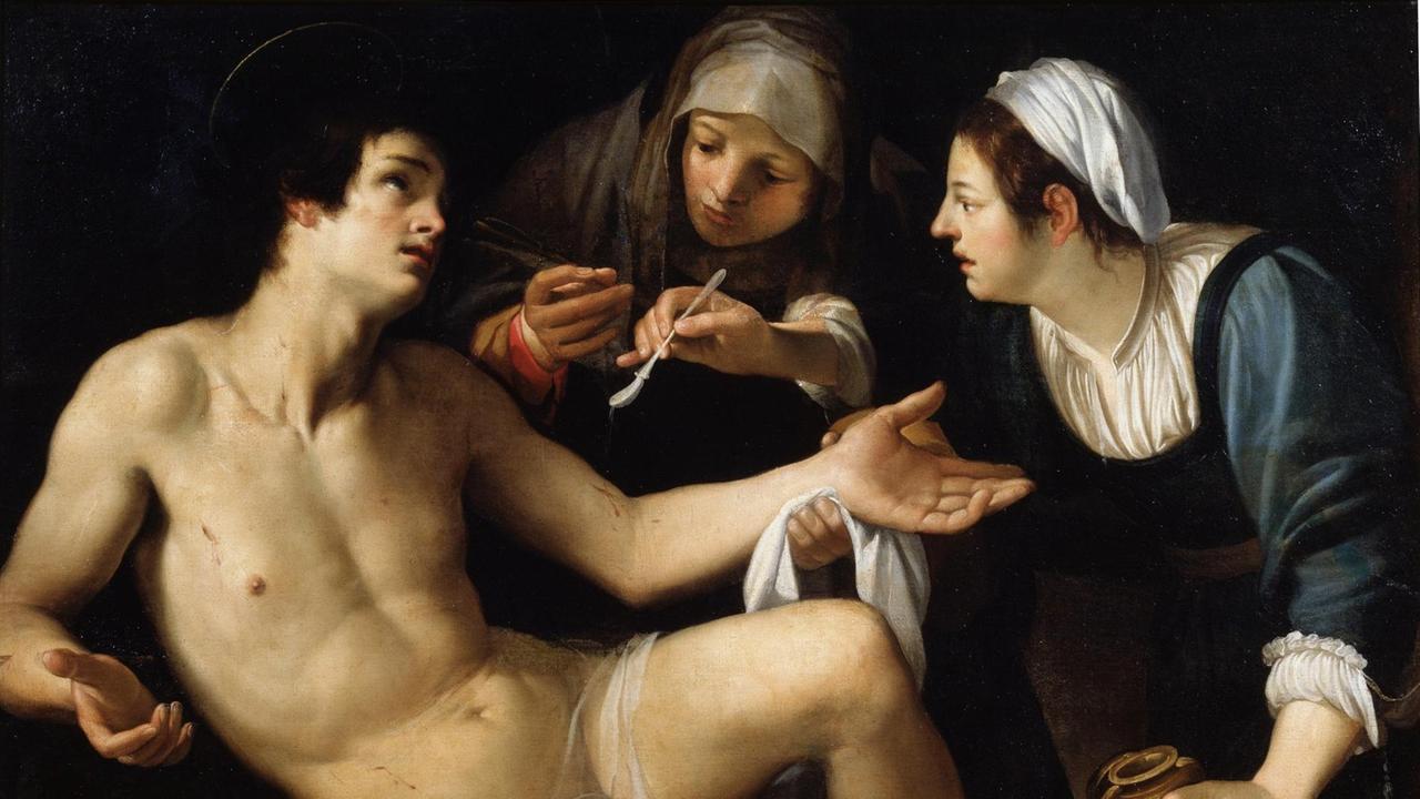 Am Boden liegend wird der heilige Sebastian versorgt nach seinem Märtyrium. Gemalt Ende 16. oder Anfang 17. Jahrhundert. Am Boden liegend wird der heilige Sebastian versorgt nach seinem Märtyrium. Gemalt Ende 16. oder Anfang 17. Jahrhundert.