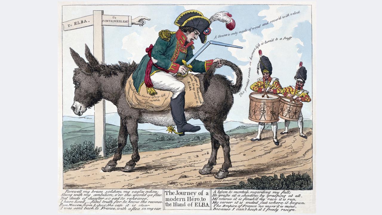 Karikatur zur Abdankung und ersten Verbannung Napoleons auf die Insel Elba - Napoleons Rückkehr und die "Herrschaft der hundert Tage" kostete noch einmal unzählige Menschenleben
