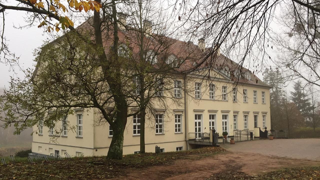 Auf dem Bild ist Schloss Rattey zu sehen, ein pastell gelbes Gutshaus. Auf dem Bild ist Schloss Rattey zu sehen, ein pastell gelbes Gutshaus.