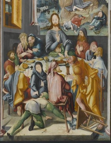 Der vergrößerte Abendmahls-Ausschnitt aus Jerg Ratgebs Herrenberger Altar, 1519 Mischtechnik; Tannenholz; Höhe: 400 cm; Breite: 680 cm; Höhe: 400 cm; Breite: 342 cm, Staatsgalerie Stuttgart Der vergrößerte Abendmahls-Ausschnitt aus Jerg Ratgebs Herrenberger Altar, 1519 Mischtechnik; Tannenholz; Höhe: 400 cm; Breite: 680 cm; Höhe: 400 cm; Breite: 342 cm, Staatsgalerie Stuttgart