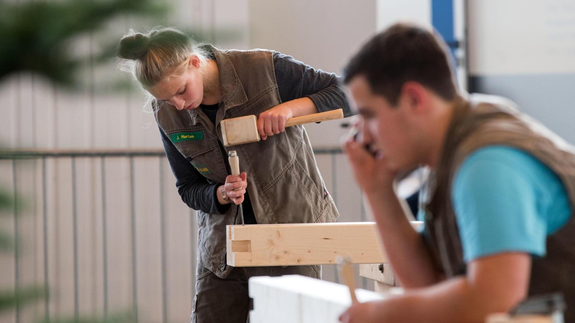 Eine Frau bearbeitet einen Holzbalken für ein Musterhaus, aufgenommen am 14.10.2016 auf der Landesbaumesse RoBau in Rostock. Eine Frau bearbeitet einen Holzbalken für ein Musterhaus, aufgenommen am 14.10.2016 auf der Landesbaumesse RoBau in Rostock.