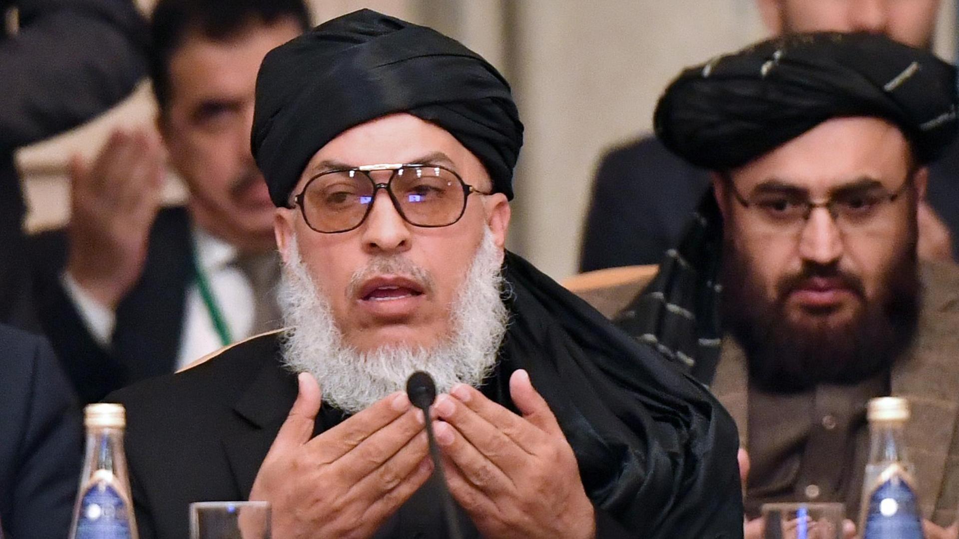 Taliban-Sprecher Mohammad Abbas Stanikzai spricht auf einem Treffen in Moskau Taliban-Sprecher Mohammad Abbas Stanikzai spricht auf einem Treffen in Moskau