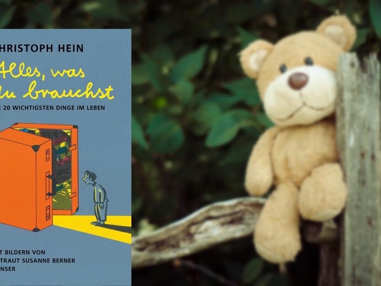 Im Vordergrund das Cover von Christoph Heins "Alles, was du brauchst" mit einem Kind, das vor einem geöffneten, überdimensionalen Koffer steht. Im Hintergrund ein Teddybär, der auf einem Holzzaun sitzt.