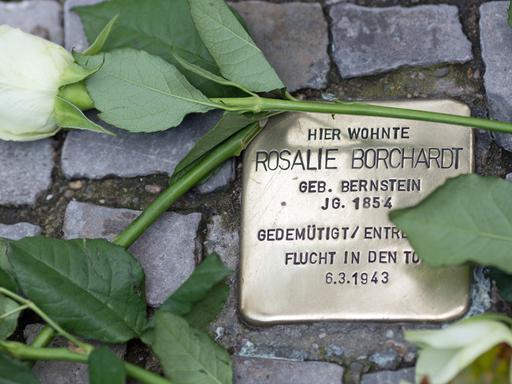 Eine Blume liegt neben einem "Stolperstein" in Berlin. Mit einem Rundgang und einer Putzaktion am 09.11.2013 wollen die Koordinierungsstelle Stolpersteine Berlin und Prominente dazu aufrufen, die Erinnerung an die Opfer des Nationalsozialismus zu wahren.