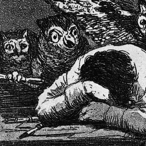 Der Ausschnitt aus Goyas Radierung zeigt eine Eule, die dem Künstler einen Radierstichel vorhält