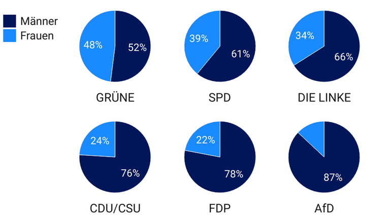 In sechs Tortendiagrammen sind die Frauenanteile der Direktkandierenden innerhalb der Bundestagsparteien dargestellt. Ein weiteres Tortendiagramm zeigt den Frauenanteil der weiteren Parteien, zusammengefasst als "Sonstige". In sechs Tortendiagrammen sind die Frauenanteile der Direktkandierenden innerhalb der Bundestagsparteien dargestellt. Ein weiteres Tortendiagramm zeigt den Frauenanteil der weiteren Parteien, zusammengefasst als "Sonstige".