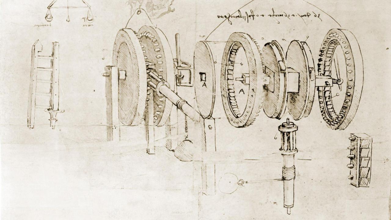 Skizze von Leonardo da Vinci: Sie zeigt eine in Einzelteile zerlegte Getriebevorrichtung; ca. 1500