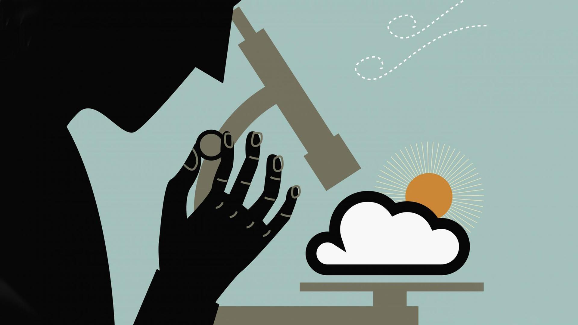 Illustration eines Wissenschaftlers, der im Labor durch ein Mikroskop auf die Sonne und eine Wolke schaut. Illustration eines Wissenschaftlers, der im Labor durch ein Mikroskop auf die Sonne und eine Wolke schaut.
