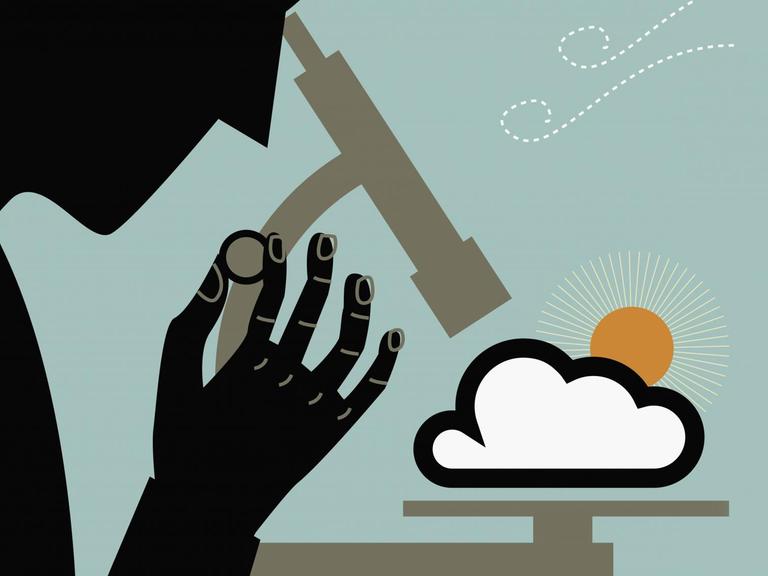 Illustration eines Wissenschaftlers, der im Labor durch ein Mikroskop auf die Sonne und eine Wolke schaut.