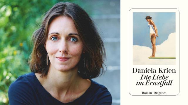 Zu sehen ist die Autroin Daniela Krien und das Cover ihres Romans "Die Liebe im Ernstfall".