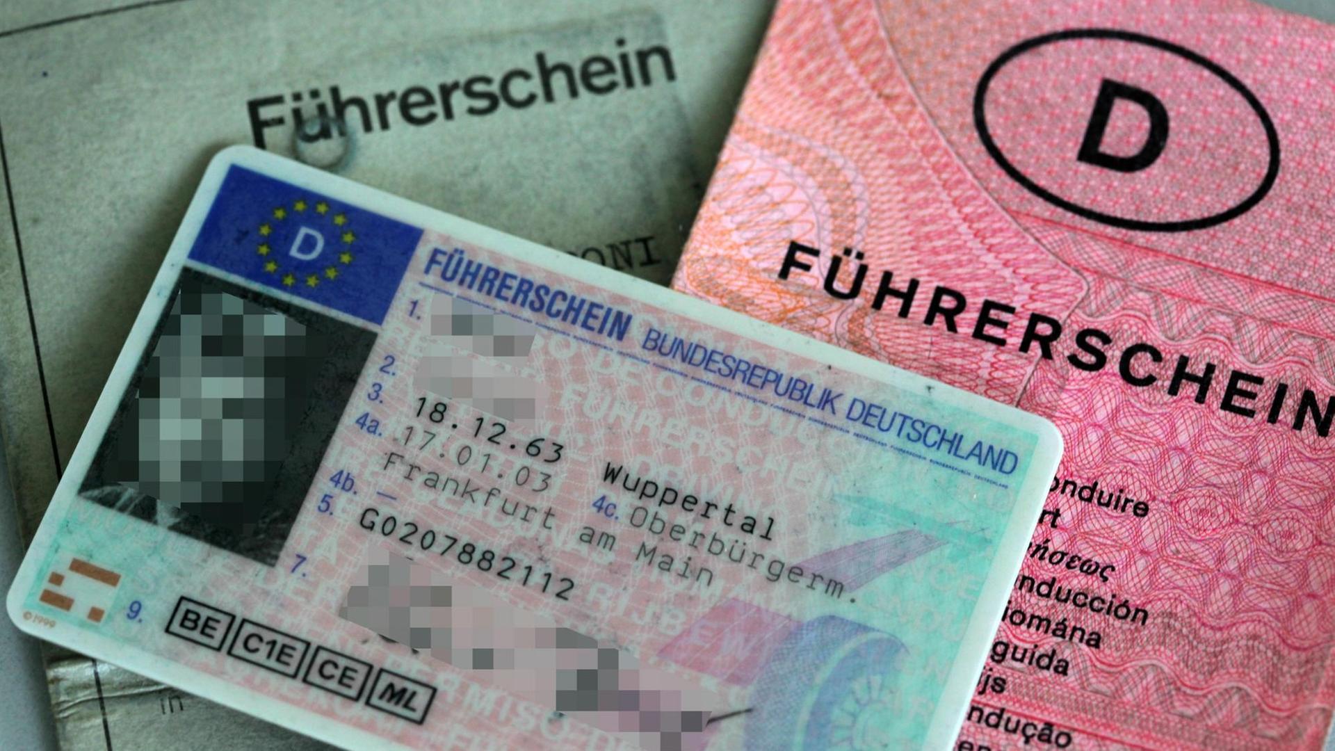 Drei Führerscheine verschiedener Generationen liegen am 23.06.2010 in Köln auf dem Tisch.