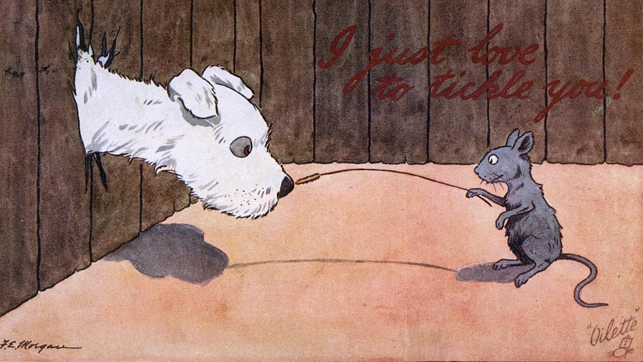 Die Illustration zeigt eine freche Maus, die einen weißen Hund spielerisch mit einem Strohhalm an der Nase kitzelt. (Illustration von F. E. Morgan auf einer Raphael Tuck 'Oilette'-O`Postkarte. | Keine Weitergabe an Wiederverkäufer. Die Illustration zeigt eine freche Maus, die einen weißen Hund spielerisch mit einem Strohhalm an der Nase kitzelt. (Illustration von F. E. Morgan auf einer Raphael Tuck 'Oilette'-O`Postkarte. | Keine Weitergabe an Wiederverkäufer.