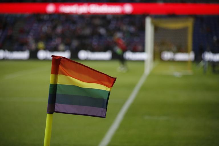 Eine Regenbogenflagge steckt im Rasen bei einem Fußballspiel.