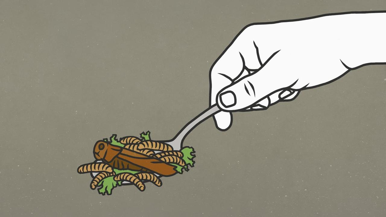 Illustration: eine Hand hält einen Löffel voller Insekten. Illustration: eine Hand hält einen Löffel voller Insekten.