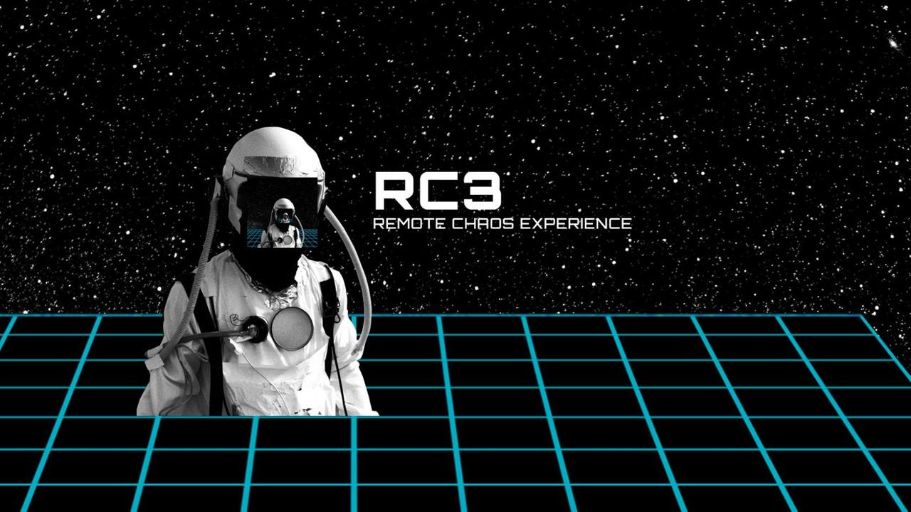 Ein Astronaut vor dem Remote Chaos Experience Schriftzug. Ein Astronaut vor dem Remote Chaos Experience Schriftzug.