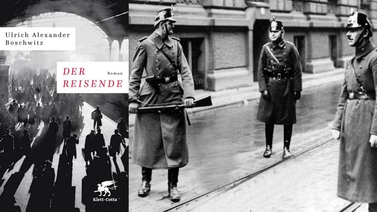 Buchcover Ulrich Alexander Boschwitz: Der Reisende, im Hintergrund Polizisten Buchcover Ulrich Alexander Boschwitz: Der Reisende, im Hintergrund Polizisten