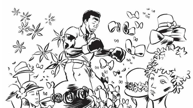 Ausschnitt aus der Grafic Novel "Knock Out!" von Reinhard Kleist. Zu sehen ist Emile Griffith bei inmitten von Damenhütten in einer kontrastreichen Schwarz-Weiß-Zeichnung. Ausschnitt aus der Grafic Novel "Knock Out!" von Reinhard Kleist. Zu sehen ist Emile Griffith bei inmitten von Damenhütten in einer kontrastreichen Schwarz-Weiß-Zeichnung.