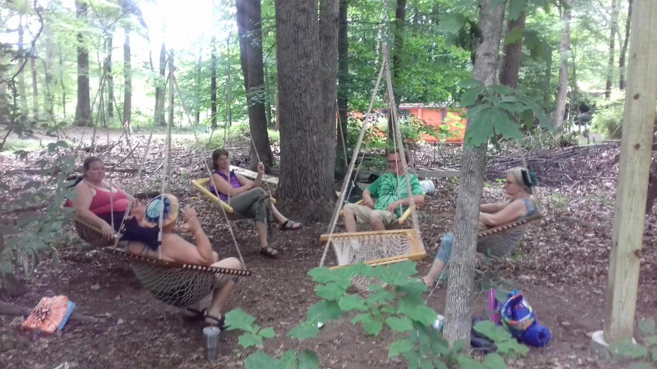 Vier Frauen und ein Mann sitzen im Wald in Hängematten und reden