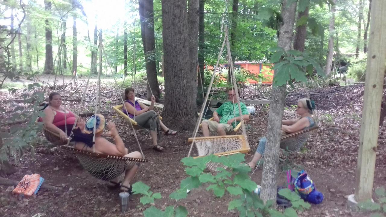 Vier Frauen und ein Mann sitzen im Wald in Hängematten und reden Vier Frauen und ein Mann sitzen im Wald in Hängematten und reden