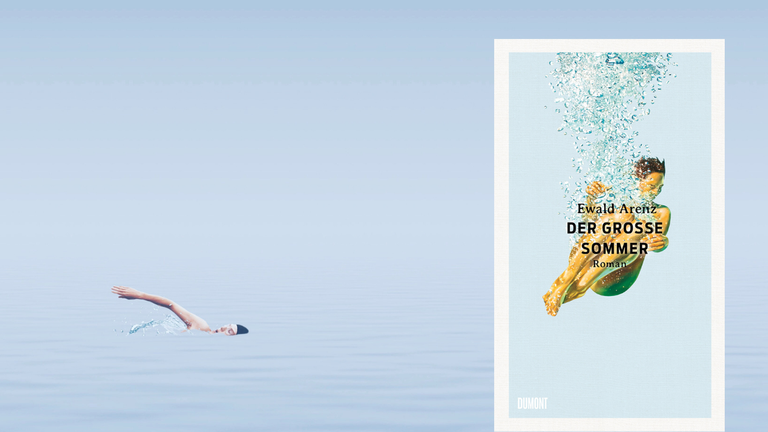 Das Cover von Ewald Arenz: „Der grosse Sommer“ vor einer Wasserfläche mit Schwimmer Das Cover von Ewald Arenz: „Der grosse Sommer“ vor einer Wasserfläche mit Schwimmer