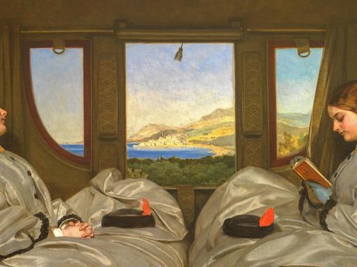 Das 1862 entstandene Gemälde "The Travelling Companions" von Augustus Leopold Egg zeigt zwei reisende Frauen, die eine schlafend und die andere lesend.