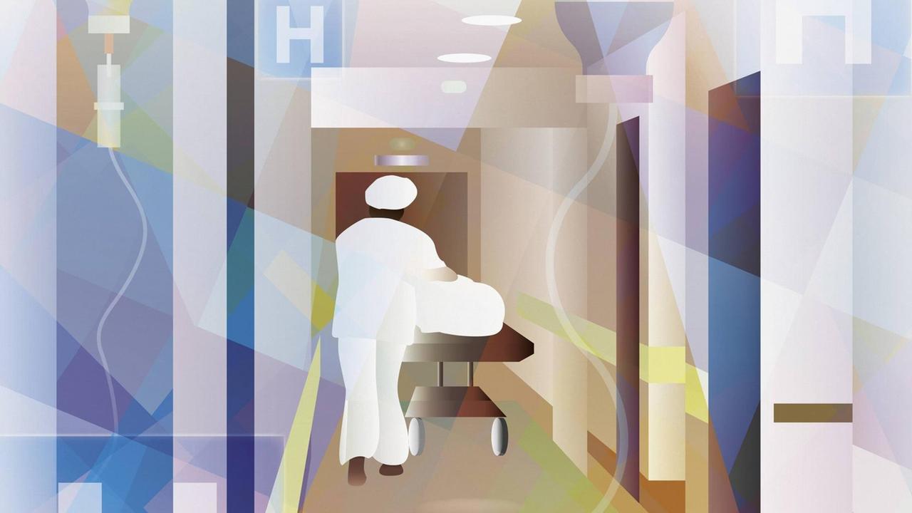 Illustration: Eine Person in der Krankenpflege schiebt eine Liege den Korridor entlang. Illustration: Eine Person in der Krankenpflege schiebt eine Liege den Korridor entlang.