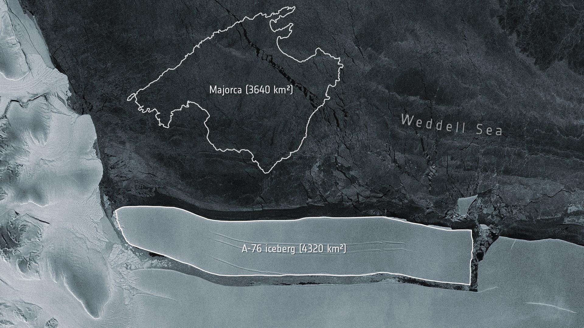 Der Eis-Berg auf dem Satelliten-Bild. Die Umrisse von der Ferien-Insel Mallorca sind zum Vergleich eingezeichnet. Der Eis-Berg auf dem Satelliten-Bild. Die Umrisse von der Ferien-Insel Mallorca sind zum Vergleich eingezeichnet.