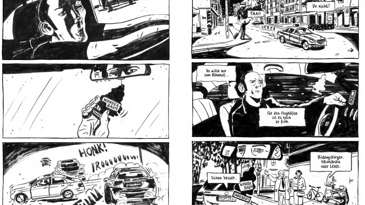 Szenen aus der Graphic Novel "Nachts im Paradies" von Frank Schmolke . Der Autor zeichnet in schwarzweiss Bildern die Geschichte des Münchner Taxifahrers Vincent.