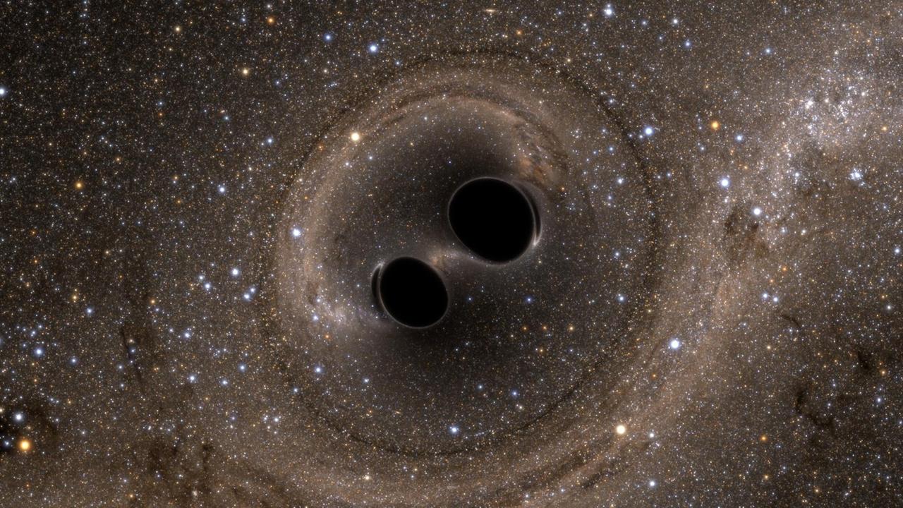 Simulation der Kollision von zwei Schwarzen Löchern, wie sie vom Gravitationswellen-Detekto LIGO aufgezeichnet worden ist. Simulation der Kollision von zwei Schwarzen Löchern, wie sie vom Gravitationswellen-Detekto LIGO aufgezeichnet worden ist.