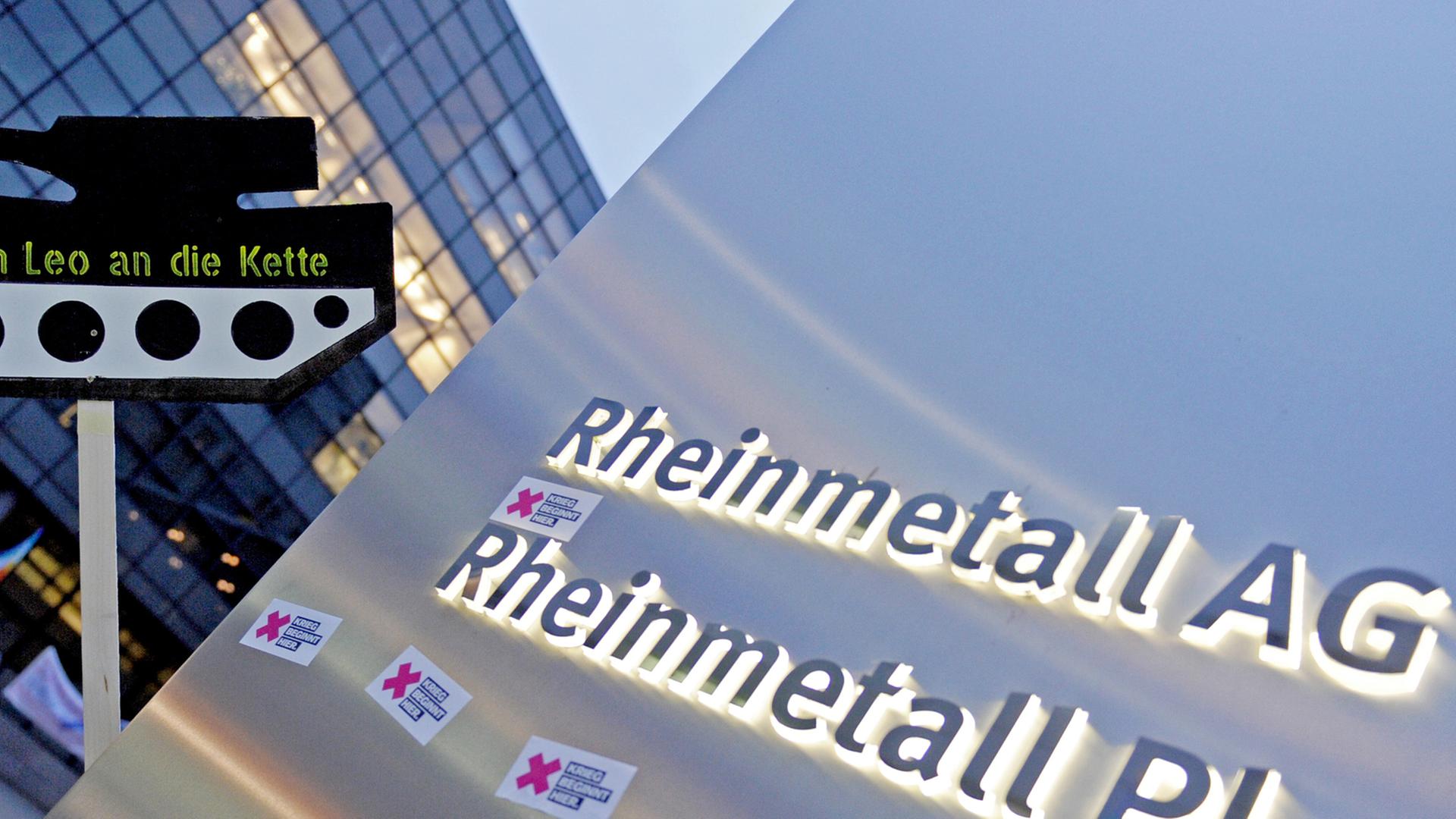 Ein metallenes im Freien mit den Aufschriften "Rheinmetall-AG" Und "Rheinmetall-Platz". Jemand hat Anti-Kriegs-Aufkleber darauf geklebt. Ein metallenes im Freien mit den Aufschriften "Rheinmetall-AG" Und "Rheinmetall-Platz". Jemand hat Anti-Kriegs-Aufkleber darauf geklebt.