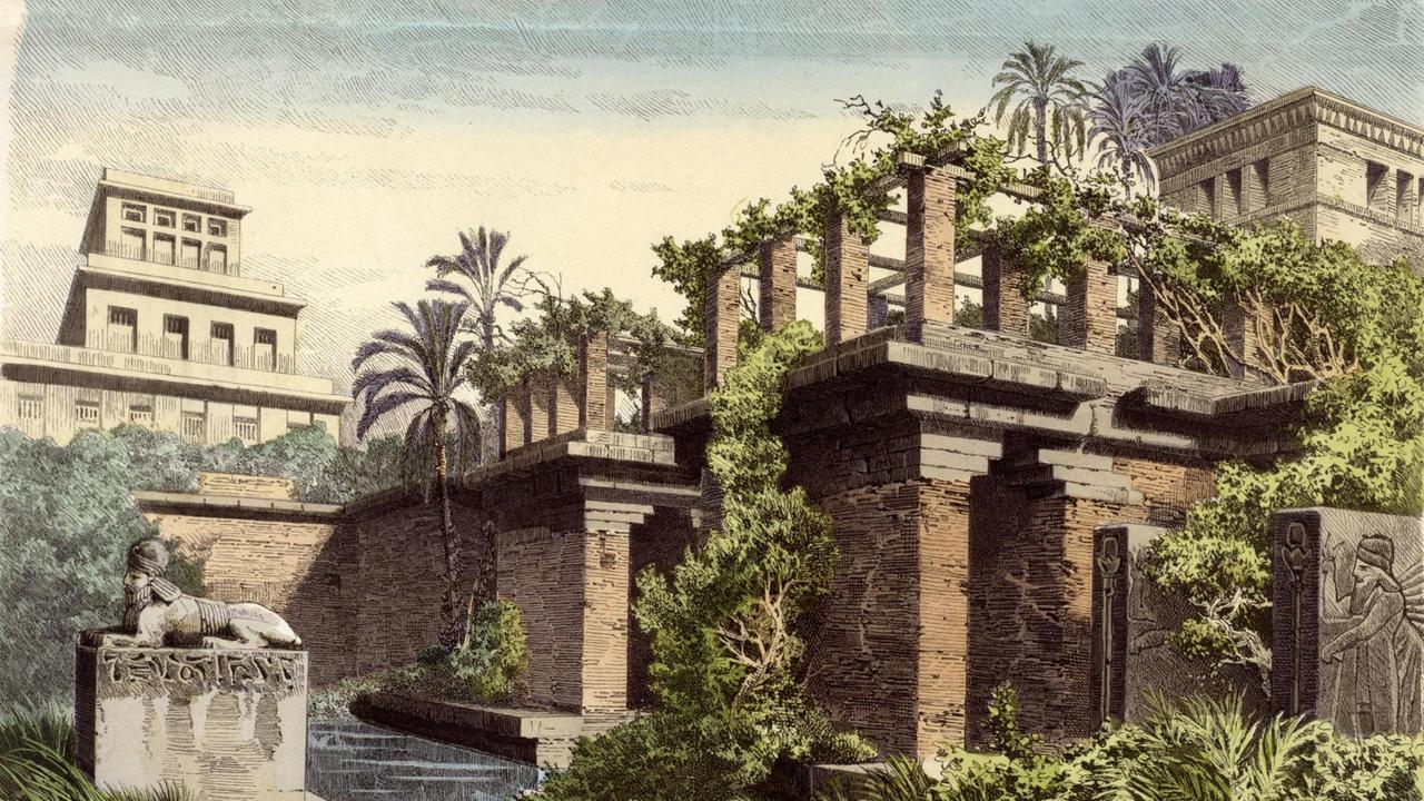 Babylons hängende Gärten des Semiramis (angelegt vermutlich unter Nebukadnezar II., 604-562 v.Chr. für seine Gemahlin Semiramis) ist eines der sieben Weltwunder. Holzstich, altkolorierte Zeichnung von 1886, von Ferdinand Knab (1834-1902). 