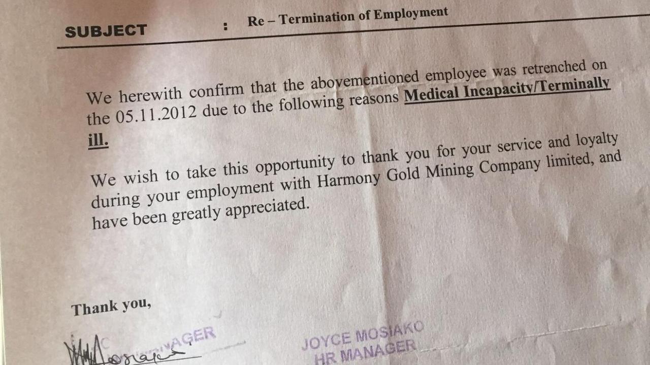 Berufsunfähig: Der Arbeitgeber von Mxoleleni Mbodlane hat bestätigt, dass er nicht mehr in der Mine arbeiten kann.