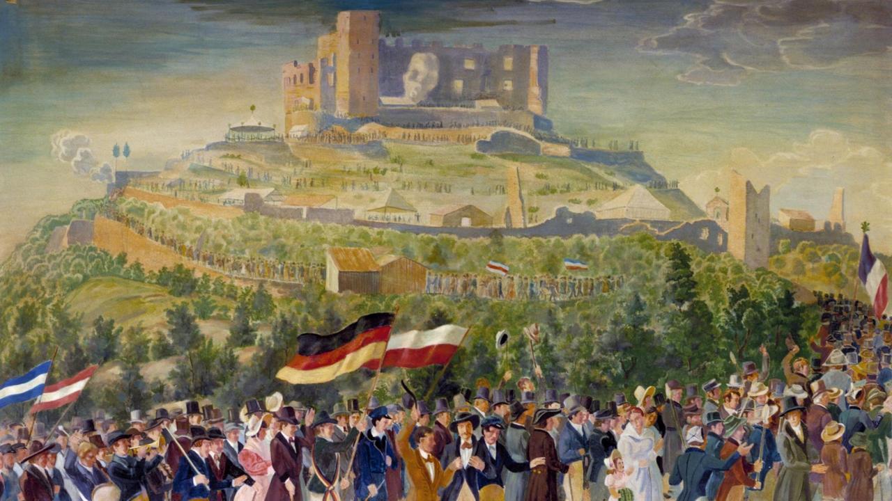 Auf dem »Hambacher Fest« vom 27.-30. Mai 1832 demonstrieren über 30.000 Bürger, Handwerker und Bauern für Einheit und Freiheit in Deutschland. Aquarell von Max von Boehn (1860-1932) nach einem zeitgenössischen Stich. Auf dem »Hambacher Fest« vom 27.-30. Mai 1832 demonstrieren über 30.000 Bürger, Handwerker und Bauern für Einheit und Freiheit in Deutschland. Aquarell von Max von Boehn (1860-1932) nach einem zeitgenössischen Stich.