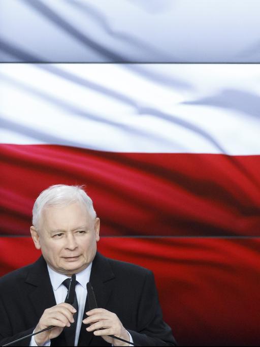 Jaroslaw Kaczynski hinter zwei Mikrofonen, im Hintergrund die polnischen Landesfarben