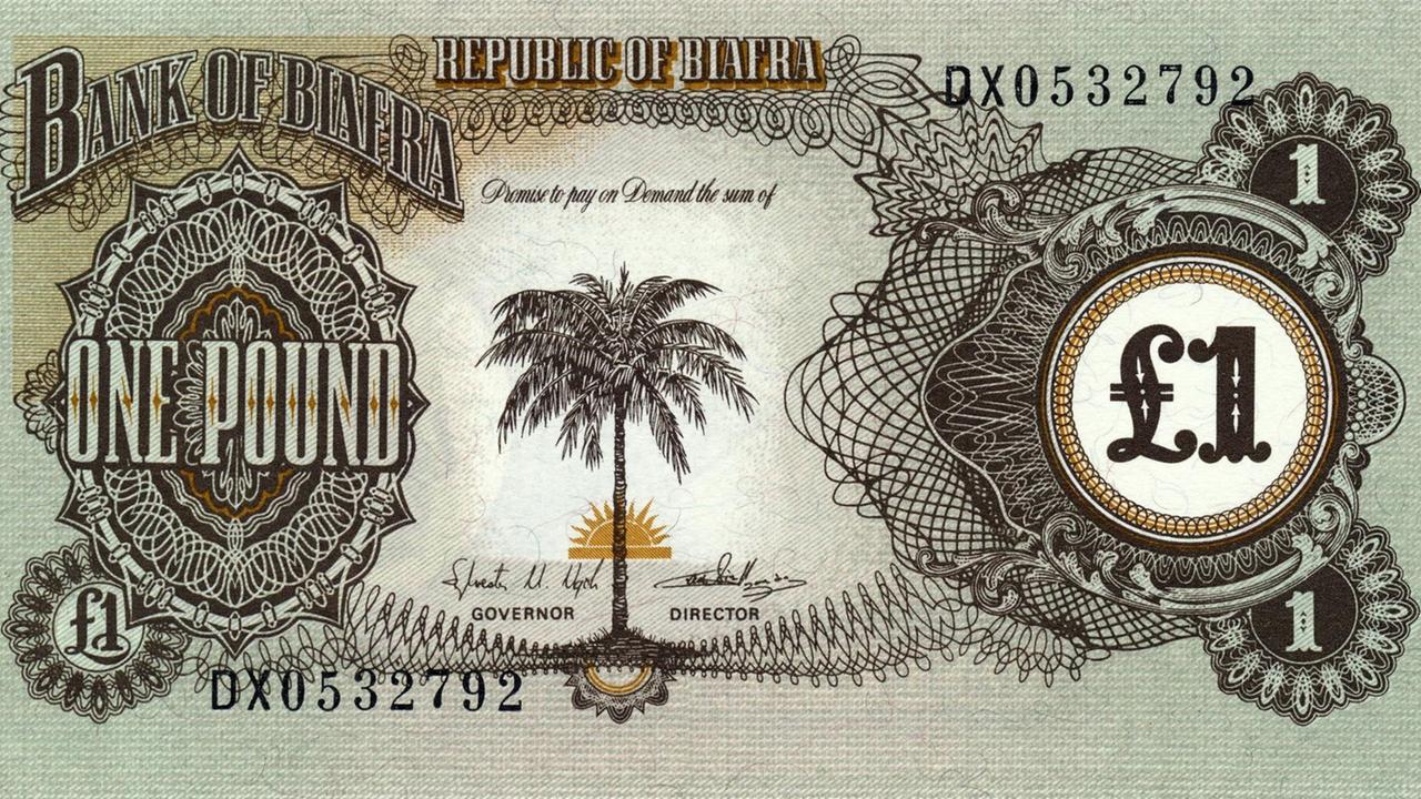 Eine 1-Pfund-Banknote von 1968 aus Biafra. Eine 1-Pfund-Banknote von 1968 aus Biafra.