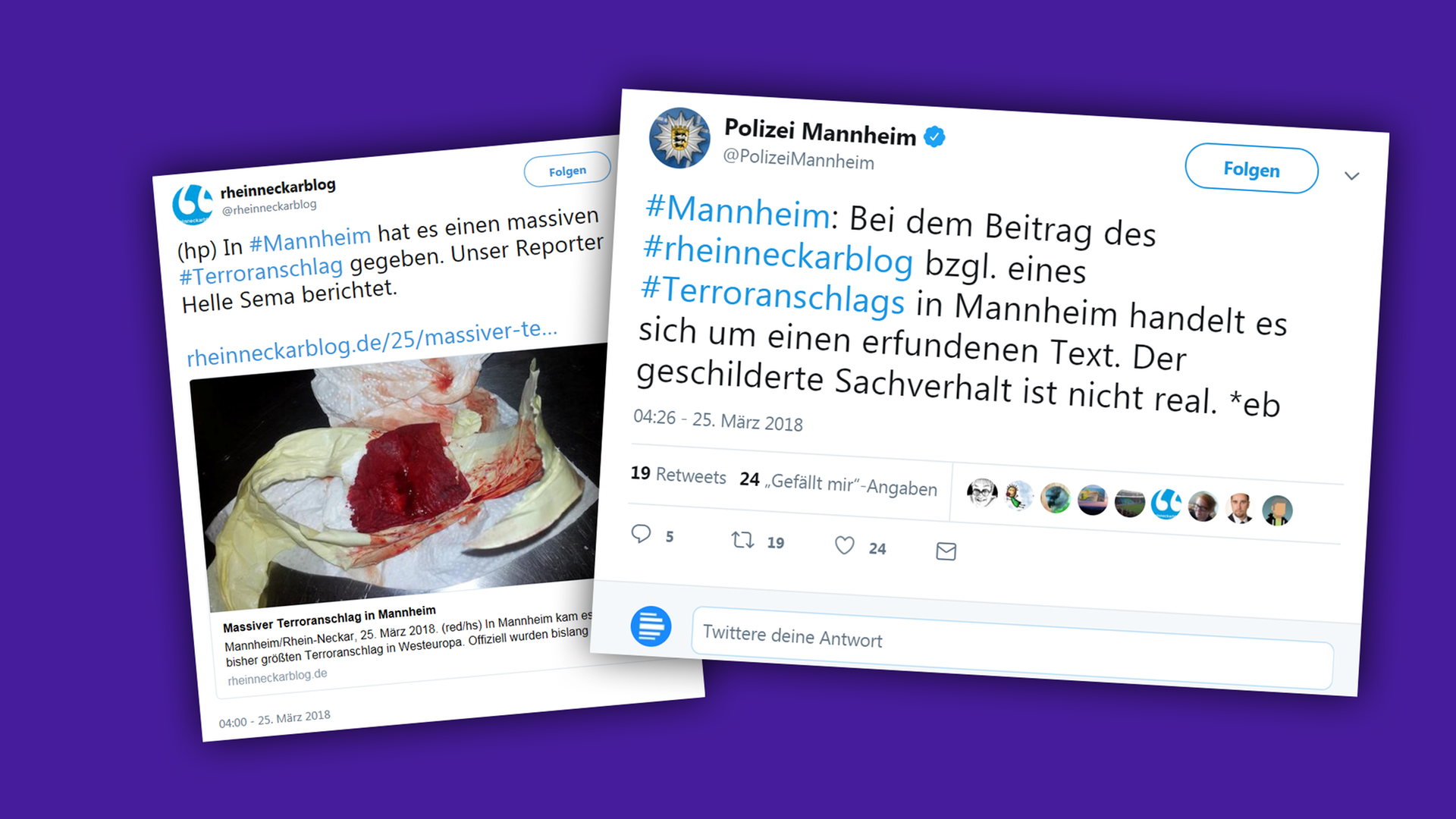 Die Montage zeigt zwei Tweets über einen vermeintlichen, aber erfundenen Anschlag in Mannheim, einer vom "Rheinneckarblog", einer von der Polizei Mannheim. Die Montage zeigt zwei Tweets über einen vermeintlichen, aber erfundenen Anschlag in Mannheim, einer vom "Rheinneckarblog", einer von der Polizei Mannheim.