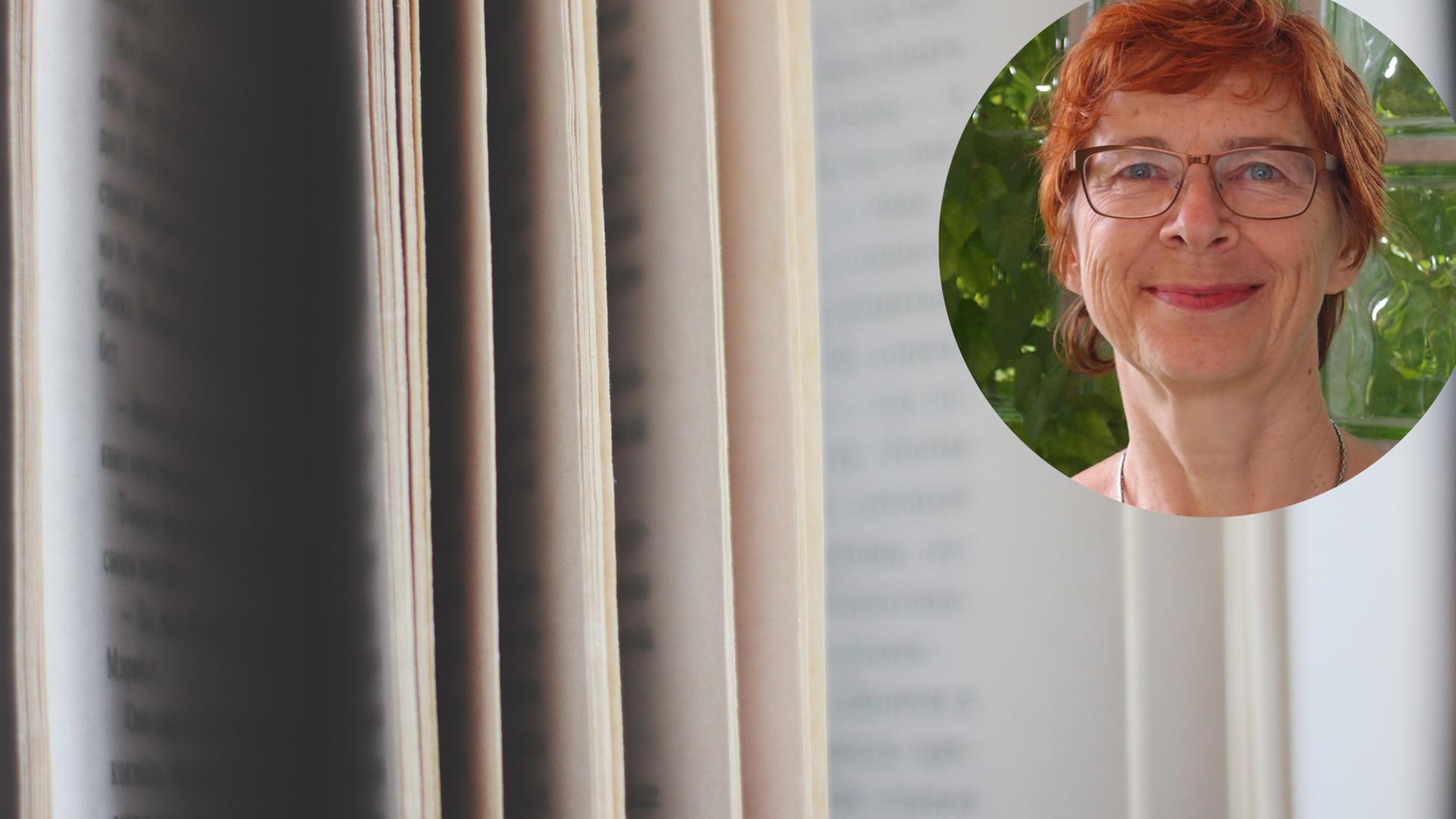 Hanna Mittelstädt mit Brille auf einem Hintergrund mit aufgeschlagenen Seiten eines Buches in der Nahaufnahme. Hanna Mittelstädt mit Brille auf einem Hintergrund mit aufgeschlagenen Seiten eines Buches in der Nahaufnahme.