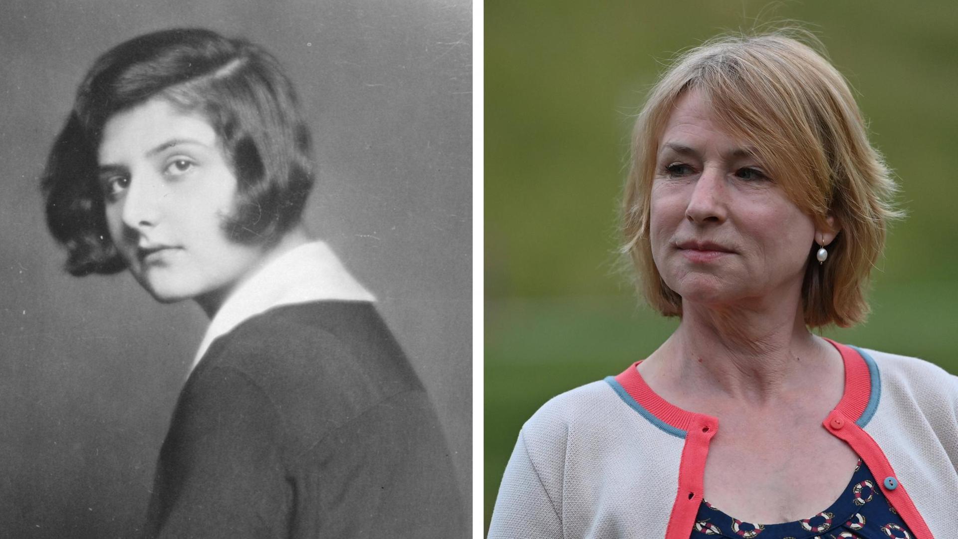 Bildcollage eines schwarz-weiß-Fotos der Geigerin Alma Rosé und einem bunten Porträt der Schauspielerin Cornna Harfouch, die in einem Park steht. Bildcollage eines schwarz-weiß-Fotos der Geigerin Alma Rosé und einem bunten Porträt der Schauspielerin Cornna Harfouch, die in einem Park steht.